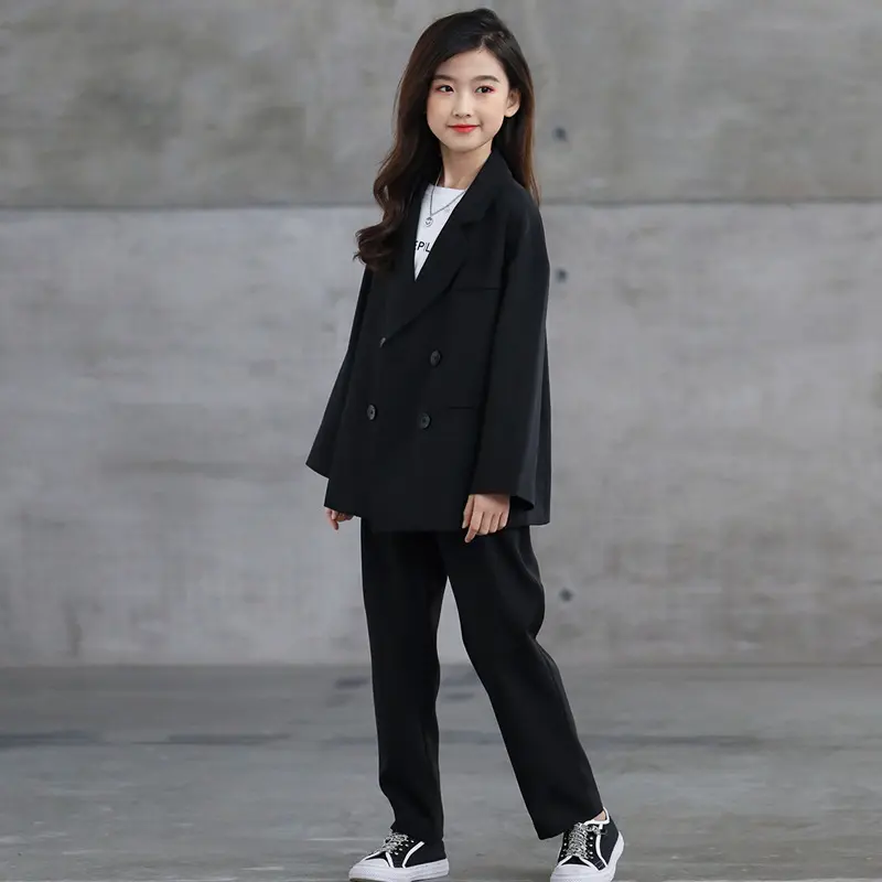 spring autumn long sleeve blazer for girl kids junior solid black clothing 22Z7
