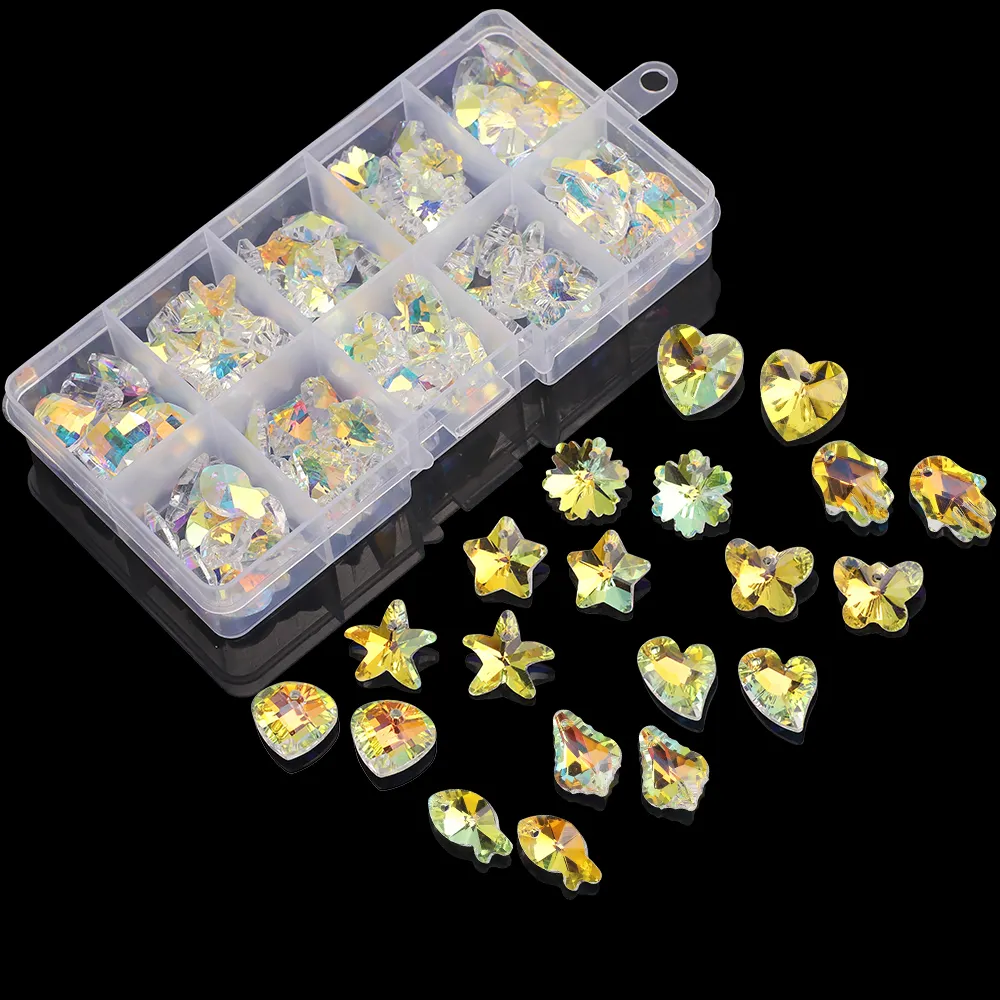 Zhubi Aurora contas de cristal para fazer joias, flor brilhante, coração de peixe, borboleta barroca, pingente de 100 peças, contas de vidro para fazer joias