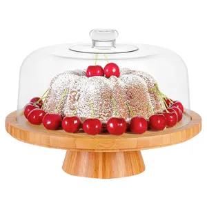 Bamboe Cake Stand Houder Serveerschaal Snackbak Cupcake Display Met Doorzichtige Acryl Dome Cover