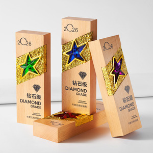 Trofeo de Madera Noble Personalizado, Premio de Madera Natural con Insignia de Estrella Metálica <span class=keywords><strong>para</strong></span> Reconocimiento de Servicios Corporativos MVP - Product Image 6