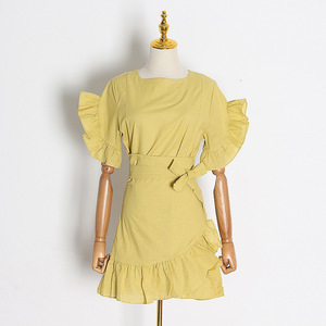 GIMILY OEM y ODM productos personalizados elegante color sólido Delgado Lino algodón mini vestido volantes Vestido de manga corta con buena calidad - Product Image 3