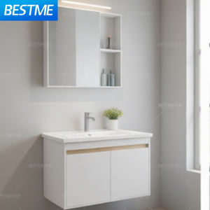 Mueble de Baño Moderno <span class=keywords><strong>Blanco</strong></span> de Aluminio y Madera Maciza <span class=keywords><strong>con</strong></span> Lavabo de Cerámica Resistente al Agua, Gabinete de Doble Puerta, Espejo <span class=keywords><strong>con</strong></span> Detalles Dorados Incluido - Product Image 6