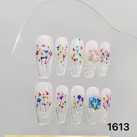 Faux ongles à presser faits main, couvrants, réutilisables, style français, avec motifs floraux, en acrylique, magnétiques, strass, forme ballerine