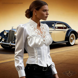 Oferta especial en Temu: Blusa blanca elegante de encaje para mujer, con cuello alto, mangas abullonadas, corte ajustado, ideal para fiestas. - Product Image 4