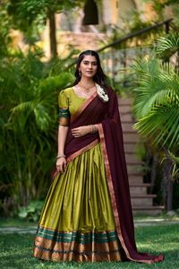 Traditionele Zuid-Stijl Poly Katoen Half <span class=keywords><strong>Saree</strong></span> Met Georgette Dupatta Zari Weefwerk Lehenga Set - Product Image 6
