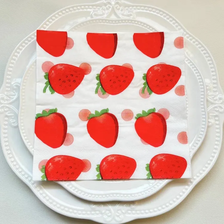 Factory Custom Printed Strawberry High Quality Paper Napkin for Party Supplies Serviettes