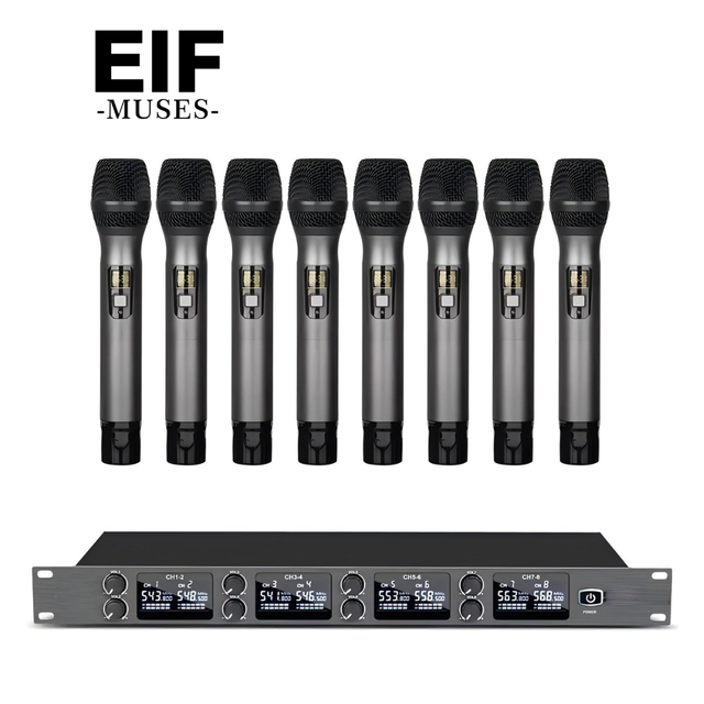 EIF M08 Factory Price Dynamic Handheld  Vocal Mic UHF 8 Channel Microphone Black Family Karaoke Wireless Microphone Concert Mic