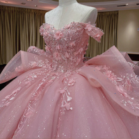 Brasilianisches Ballkleid für den 15. Geburtstag, rosa, schulterfrei, im Quinceanera-Stil, mit 3D-Blumen und Perlenstickerei, Prinzessinnenkleid
