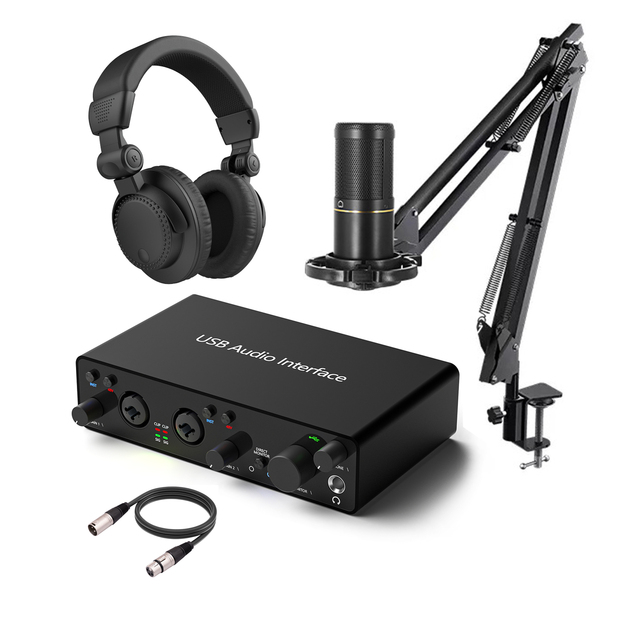 Professional XLR Condenser Studio Microphone Bundle W/ Monitor Headphone USB Audio Interface Sound Card Kit Podcast Recording