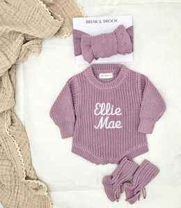 Kaiyue personalizzabile Unisex abbigliamento 4 pz Set pagliaccetto in maglia color lavanda con nome stampato stivaletti con fiocco per bambini estate - Product Image 2