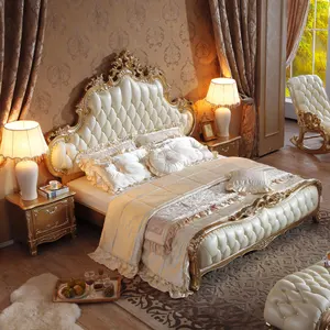 Estilo francés antiguo diseño de tamaño de madera maciza cama de cuero genuino de lujo cama