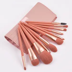 Ydini แปรงแต่งหน้าด้ามไม้สีส้มแดง11ชิ้นพร้อมกระเป๋าหนัง PU