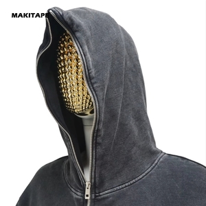 Sudadera con capucha para hombre HG2703, personalizada con bordado, corte regular, forro de satén, lavado ácido, cremallera completa, pedrería, para invierno - Product Image 2