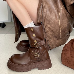 Botas de Media Pantorrilla con Plataforma y Tacón Grueso Estilo Británico Retro Marrón para Mujer, Primavera-Otoño 2026 - Product Image 1