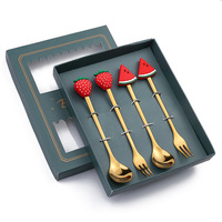 Ensemble de 6 cuillères et fourchettes en acier inoxydable avec poignée d'animaux mignons, cuillère à dessert dorée, fourchette à fruits, boîte cadeau pour enfants, fête de naissance