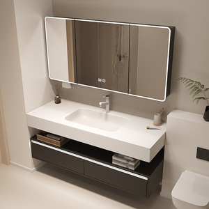 Extra-long hotel-style bathroom cabinet with integrated ceramic basin and smart mirror combination - Product Image 4