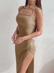 Robe longue moulante noire sexy sans manches pour femmes, robes à bretelles spaghetti à col licou et à fente haute, été - Product Image 4