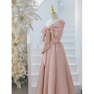 Women's Pink Satin Off The Shoulder Evening Gown A Line Empire Waist One Shoulder Bow Design Toast Dress - Product Image 2