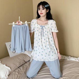 Conjunto de Pijamas de Verano <span class=keywords><strong>para</strong></span> Mujer de Tres Piezas, Camiseta de Manga Corta, Pantalones Cortos y Largos, <span class=keywords><strong>Ropa</strong></span> de Dormir <span class=keywords><strong>para</strong></span> Chicas - Product Image 2