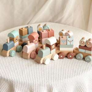Juego de tren de madera, juguete de bloque apilable de madera, juguete Montessori para niños pequeños L04A010 - Product Image 3