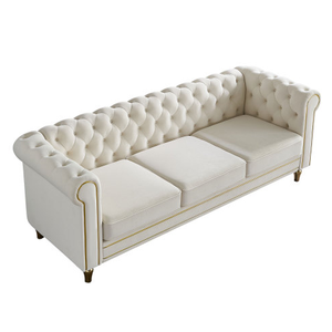 Modern 3-Seater Beige Velvet <b>Sofa</b> Comfortable Button Tufted Rolled Arms Square Shape Wooden <b>Legs</b> for Living Room Hotels Villas - Product Image 3