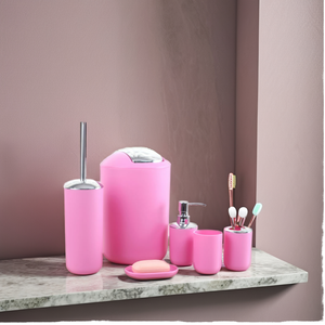 Ensemble d'accessoires de salle de bain traditionnels écologiques en plastique rond de 6 pièces avec distributeurs de savon Porte-brosse à dents pour la maison ou l'hôtel - Product Image 1