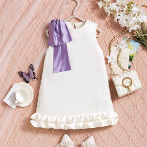 Robe Fille Été Couleur Unie Col Ras du Cou Sans Manches <span class=keywords><strong>Style</strong></span> <span class=keywords><strong>Anglais</strong></span> avec Nœud en Tissu Tricoté Vêtements Enfants ODM - Product Image 1