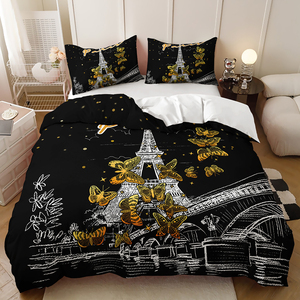 Set Copripiumino Matrimoniale con Stampa Digitale 3D, 3 Pezzi, Motivo a Pois, Rose e Torre Eiffel, 300 Fili - Product Image 5