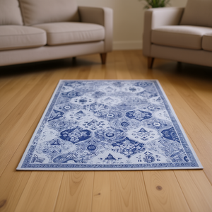 Alfombra Rectangular Azul Medallion de 6x9, de Pelo Corto, Hecha a Máquina, de Poliéster Lavable, con Base Antideslizante de Goma, para Sala de Estar y Dormitorio - Product Image 2