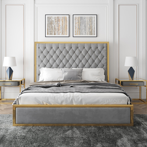 Roomgem Giường Khung Đồ Nội Thất Phòng Ngủ SS Sang Trọng Nhung Vàng Màu Xám Nút Nữ Hoàng Kích Thước Vải Thép Thông Tán Giường Hiện Đại Mềm Mại Giường - Product Image 2