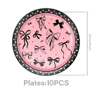 Vajilla Rosa y Negra con Lazo, Decoración Coqueta para Cumpleaños, Platos Desechables para Niñas, Baby Shower, Despedida <span class=keywords><strong>de</strong></span> Soltera - Product Image 6