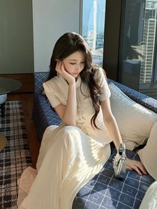 Autunno inverno abito da donna <span class=keywords><strong>di</strong></span> alta qualità abito sottile in Chiffon <span class=keywords><strong>di</strong></span> <span class=keywords><strong>lana</strong></span> plissettato a maniche corte abito lungo per tutti i giorni - Product Image 4