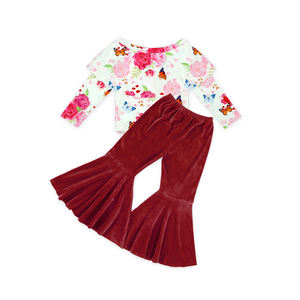 Top de Terciopelo con Rayas Negras y Flores para Bebé, Pantalones de Campana, Ropa de Boutique para Niñas, Venta al por Mayor de Ropa Infantil - Product Image 2