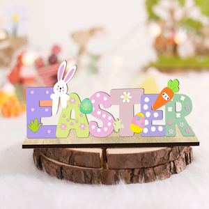 DAMAI Easter Decor Nordic INS Style Home Ornament Letter Cartoon Rabbit Wooden Craft Wood Ornament with Bunny and Letter Design - Product Image 5