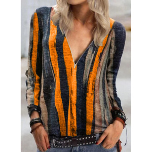 フロントショートとロングバックブラウストップススリム長袖シャツレインボーストライプ女性ブラウス - Product Image 4