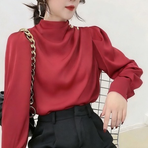 Chemisier en satin à col montant et manches bouffantes pour femme - Haut de bureau décontracté avec boutons perlés - Tendance - Product Image 4