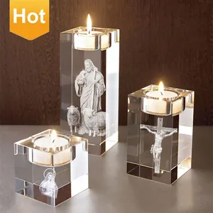 Hot Ins Custom Logo Size K9 Crystal 3D Laser Engraving Photo Printing Candlestick Glass Square Candle Holder