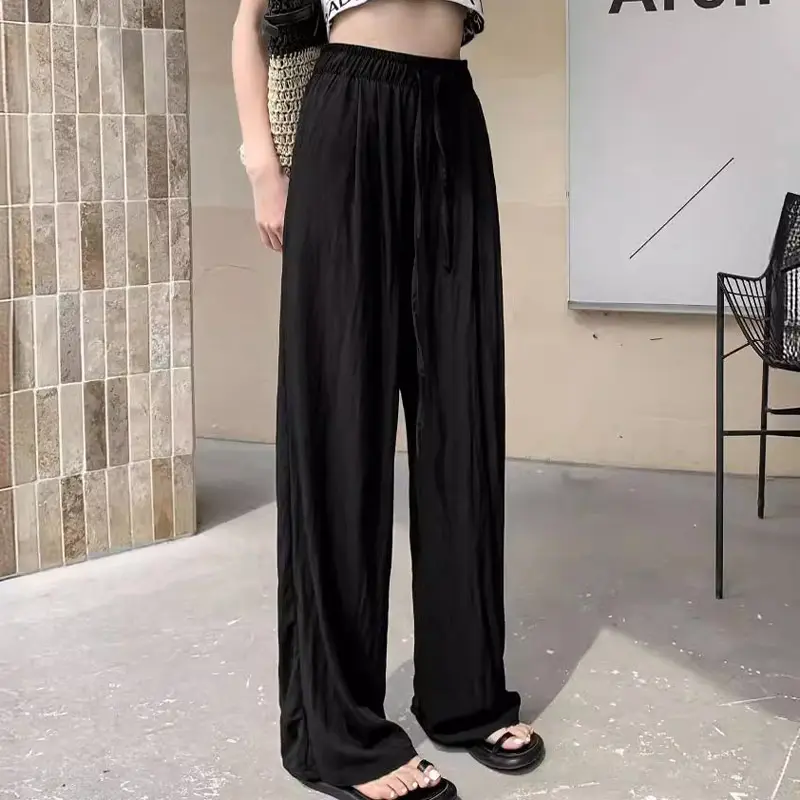 Custom Silk Twill Wide Leg Pants Women's Summer Thin High Waist Draping Cotton Linen Casual Pants Trousers For Summer