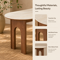 Table à manger ovale moderne en bois massif avec plateau aspect marbre et pieds en arche en bois, écologique