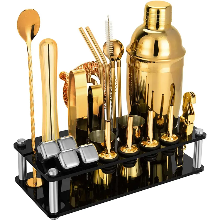 Golden Electroplated 23 Piece Cocktail Shaker Set Bartender Kit with Acrylic Stand