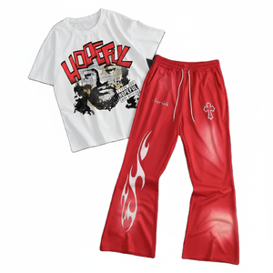 Wholesale Men <b>Gothic</b> Cross Print Graphic <b>T</b>-<b>Shirt</b> and Red Flared Joggers Set 2 Piece Streetwear Outfit Custom Logo Fashion Gear - Product Image 1