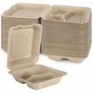Boîte à clapet jetable <span class=keywords><strong>en</strong></span> bagasse de canne à sucre, biodégradable, compostable, sans PFAS, 8 pouces, 3 compartiments, conteneur alimentaire profond, vente <span class=keywords><strong>en</strong></span> gros - Product Image 1