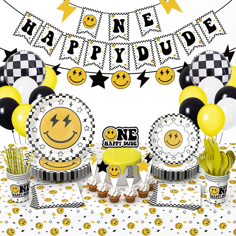 LUCKY One Happy Dude Birthday Plates Yellow Smile Face Party Plates One Happy Dude Paper Plates Decorations Disposable