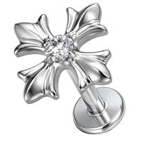 Labret à filetage interne en Titane G23 ASTM F136, motif Fleur-de-lis et croix, avec un seul zircon cubique, plaqué or, qualité implant, pour piercing d'oreille