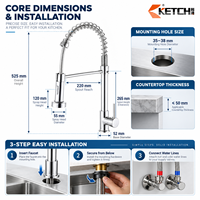 Robinet de cuisine industriel avec col flexible, tête de pulvérisation double fonction, chrome ou noir mat, en acier inoxydable