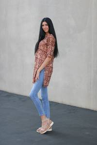 Indian Cotton Floral Printed Tunic Top With Heart Neck <b>Three</b> Quarter Sleeves Flared Hem Relaxed Fit Waist Detail For Women - Product Image 3