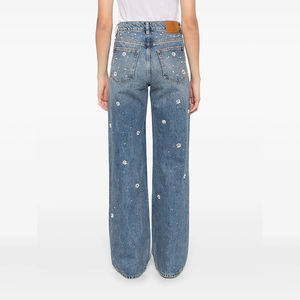 Mid Waisted <strong>Women's</strong> Straight Jeans Loose Fit with Beading Classic Wash Breathable Streetwear Casual Denim Pants - Product Image 3