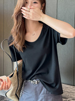 Kaos Rajut Longgar V-Neck Lengan Pendek Wanita Musim Panas Ukuran Besar Berkualitas Tinggi Kasual Polos Menutupi Perut