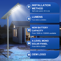 Lampadaire solaire LED intégré 400W 500W 600W 280LM avec puce LED 7070, nouvelle batterie longue durée, étanche, télécommande