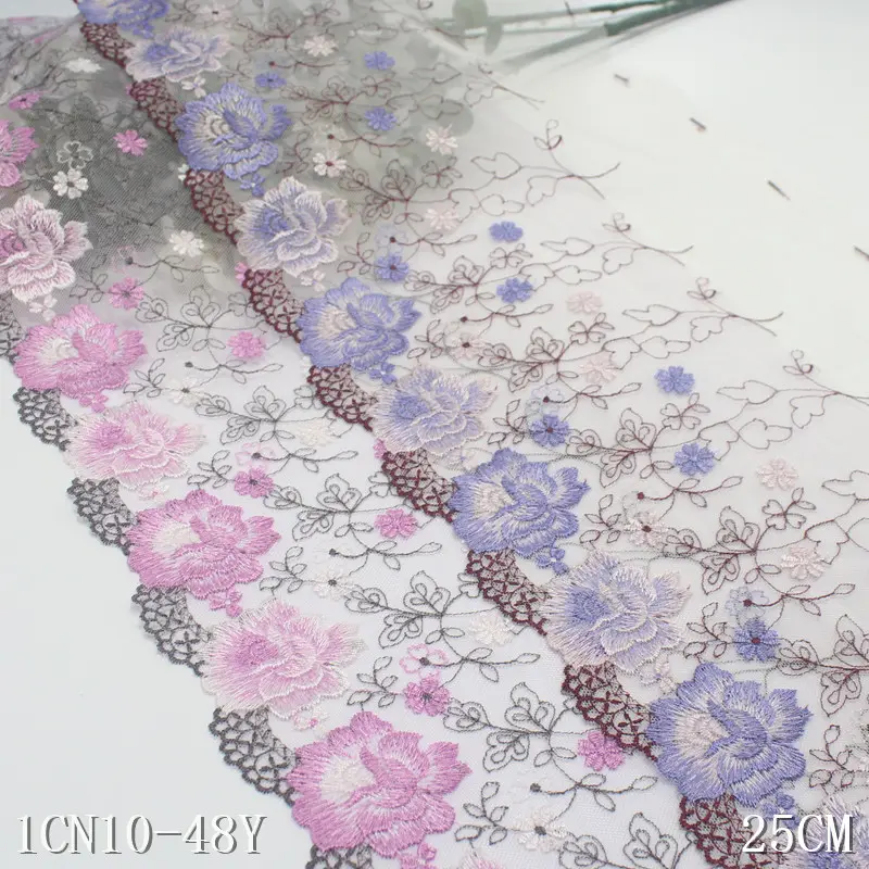 Pabrik grosir gaya antik 25cm ungu muda renda jala kain untuk wanita mewah renda bordir